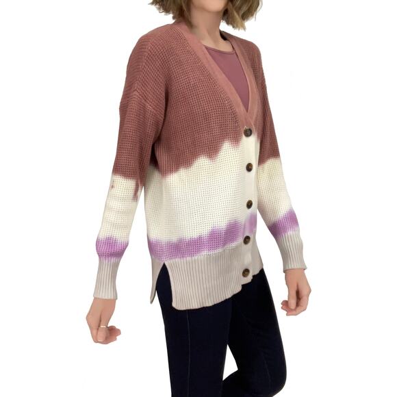 Design 365 Nordstrom Waffle-Knit Cardigan Sz S New Button Front Tie-Dye Brown - Picture 3 of 10